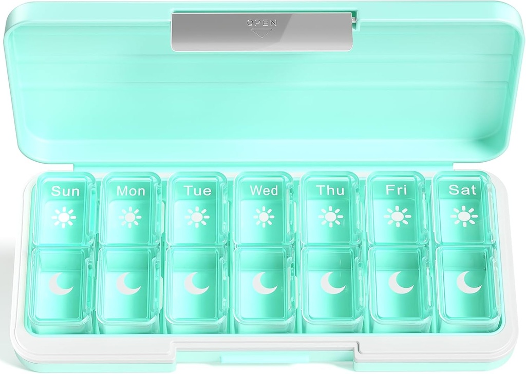 Zoksi Am Pm Pill Organizer 7 Day, Weekly Pill Box 2 krát denně, Medicine Pill Organizátor s oddělenou kompartmentem, Travel Pill Case Dispenser Přenosný pro vitaminy, rybí oleje, léky (zelené)