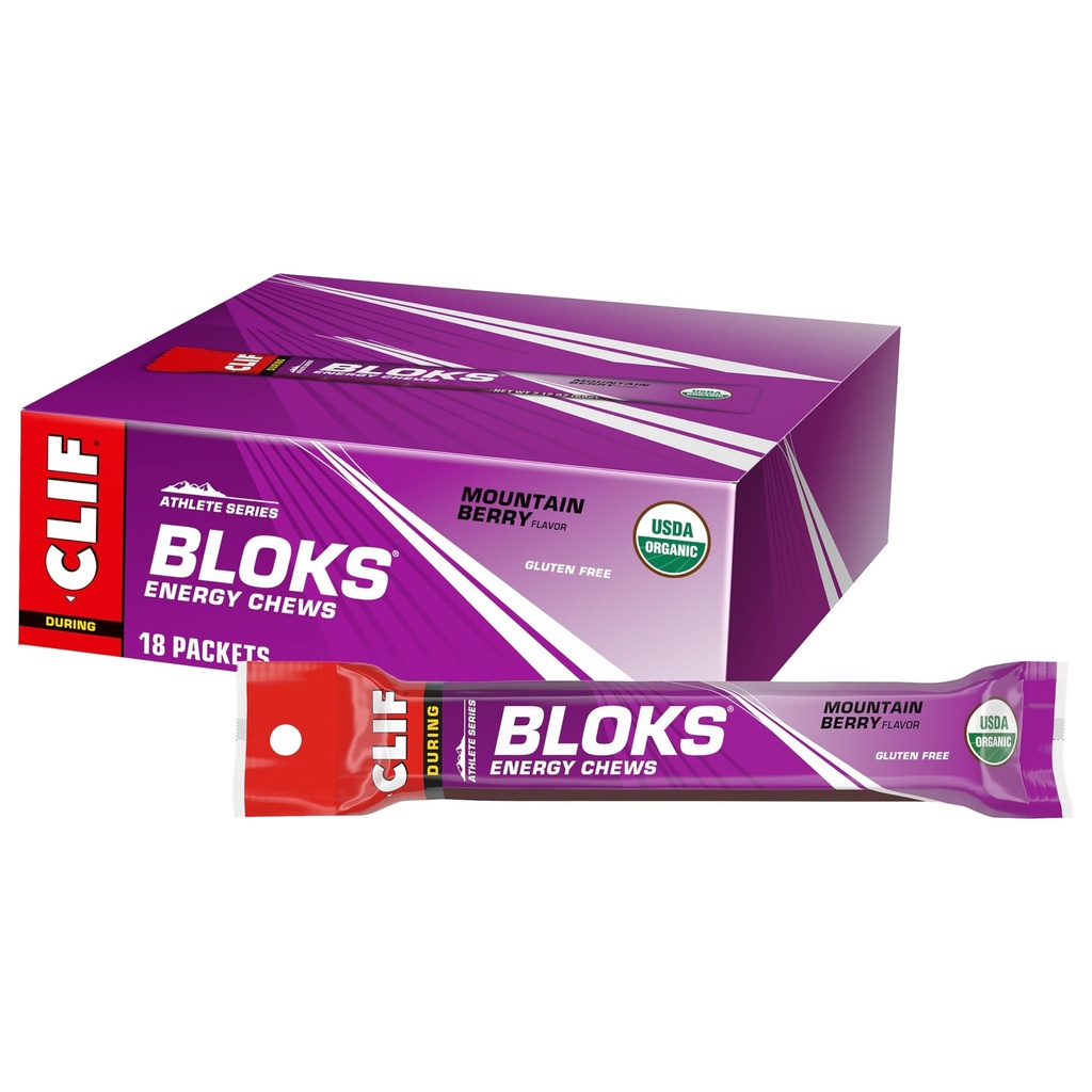 CLIF BLOKS - Mountain Berry Flavor - Energy Chews - Non- GMO - Plant based - Fast Fuel for Cycling and running - Quick Carborens and Electrolytes - 2.12 oz. (18 Count)