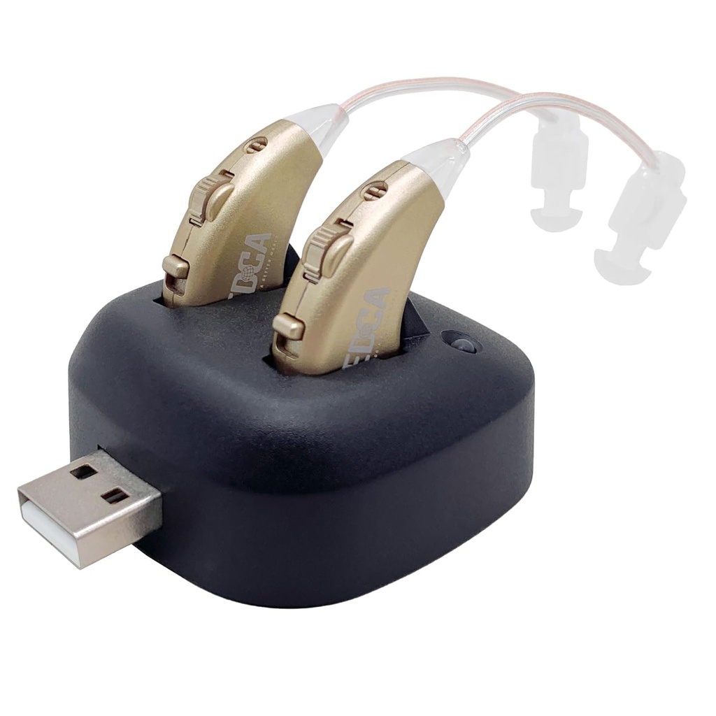 Digitální zesilovače sluchu - Dobíjecí BTE osobní zesilovač zvuku pár s USB dock - Premium Gold Behind The Uar Sound Amplification - by NewEar