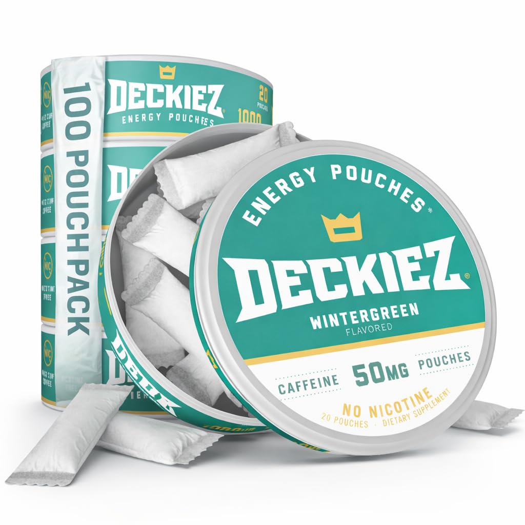 Deckiez Energy Pouches, 5 plechovek (100 Pouches), Cukr zdarma kofein dodatek, Káva Pouches & Energy Drink Alternative, 50mg Caffeine Pouches, Wintergreen Flavor