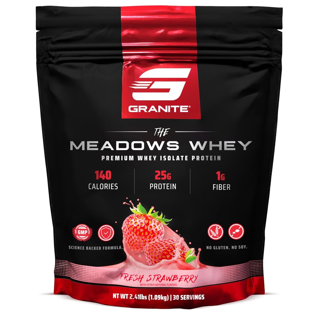 Granitové doplňky Meadows Syrovátkový protein izolát protein prášek pro Lean Muscle s 150 kalorií, 2g Fiber, 1g cukr (30 Služeb), čerstvé jahodové aroma