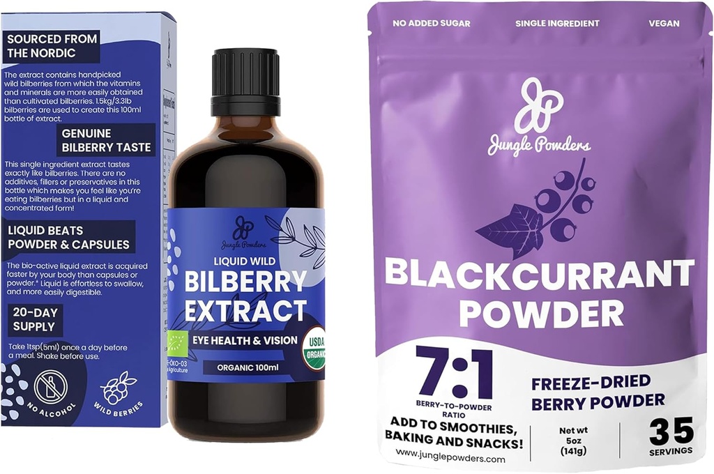 Jungle Powders Wild Bilberry Extract for Eyes USDA Organic 3.4oz Blackcurrant Powder Bundle Freeze Sured Black Currant Extract for Smoothies