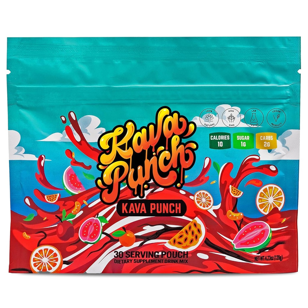 Kava Punch Relaxation Powder - 30 Serving Pouch s Premium Kava Kava extrakt 124; Denní stres Relief dodatek 124; Non- Alkoholický, Low- Calorie, Zdravý nápoj Mix 124; Alkohol Alternativní Nápoje s Buzz