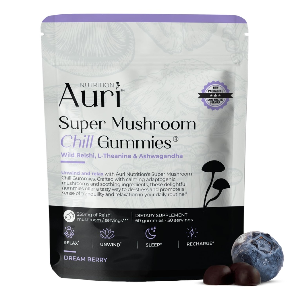Auri Super Houba Chill Gummies - Přírodní uklidňující pomoc & Stress Reduction Dodatek pro dospělé w / Reishi Houba, Ashwagandha, L-Theanine - Unwind Mind & Harmonizovat svůj den - 60 klidové gumy