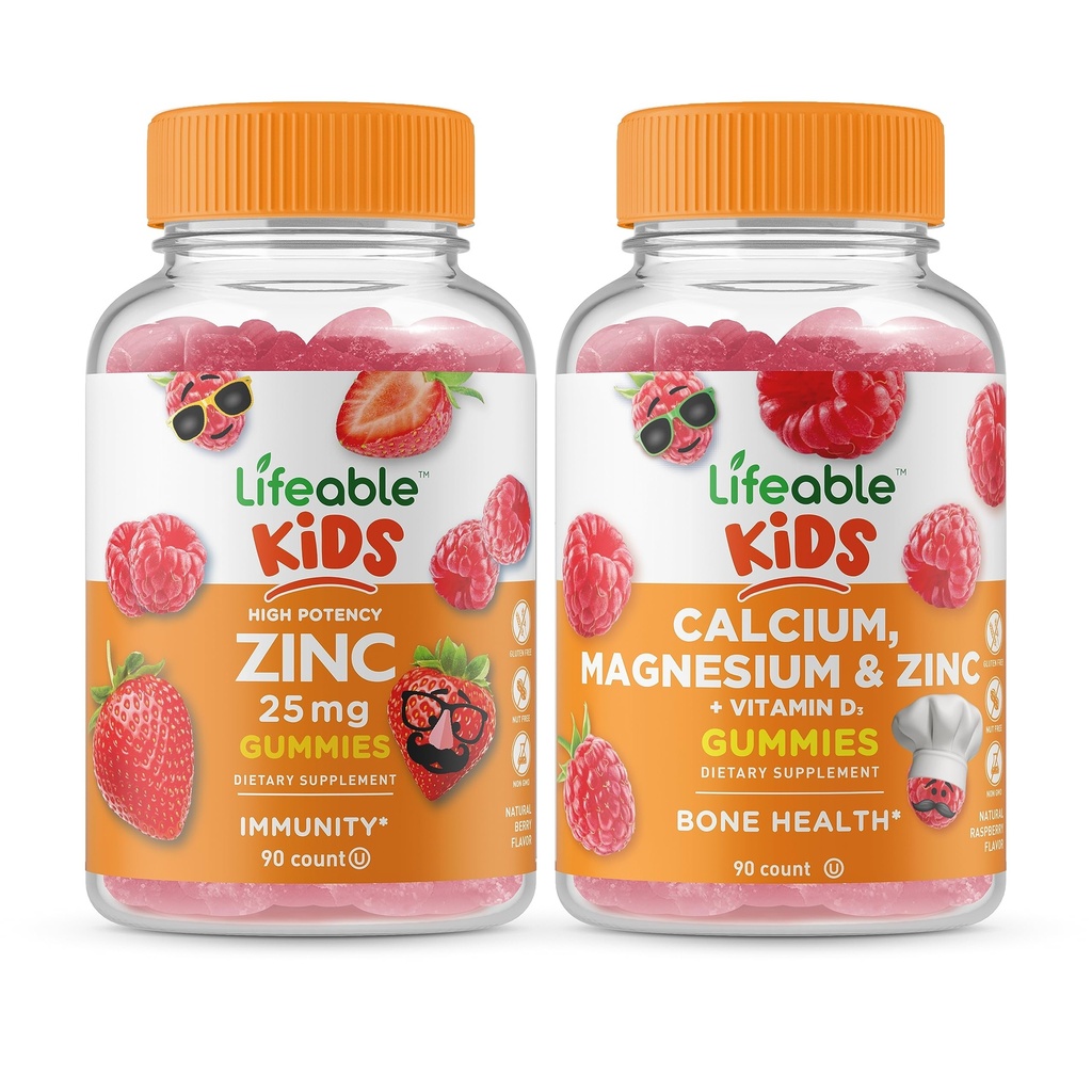 Živý zinek 25mg děti + vápník hořčík & zinek děti, gumies Bundle - velký přípitek, vitamin dodatek, gluten zdarma, GMO zdarma, Žvýkací žlab