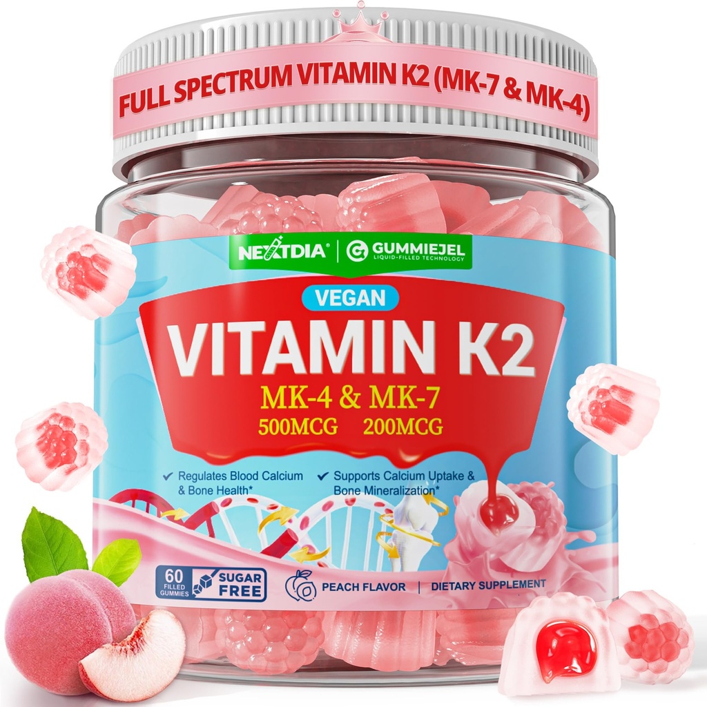 Vitamin K2 Gummies MK-7 200 mcg & MK-4 500 mcg pro ženy a muže Cukr zdarma, perfektní 2-IN-1 plný spektrum vitamin K2 doplněk pro kosti, He- art, podporuje absorpci vápníku, mozek, zuby, imunitní, 1Pack