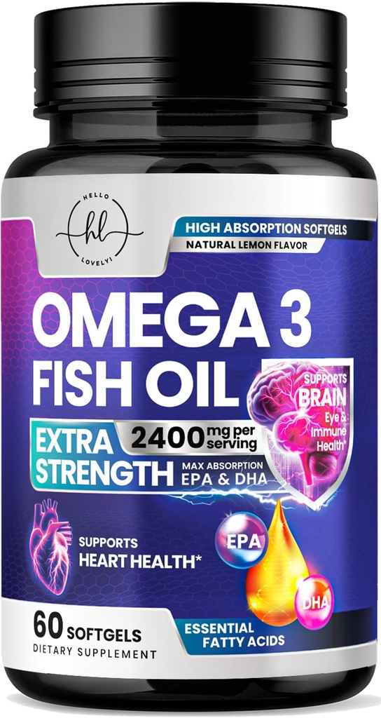 Omega 3 Doplňky rybího oleje 2400mg - Triple Strength Omega 3 Fatty Acids, Natural Heart Health Brain & Joint Support - Fatty Acids with EPA & DHA - Wild Caught Fish Oil Supplement - 60 Softgels