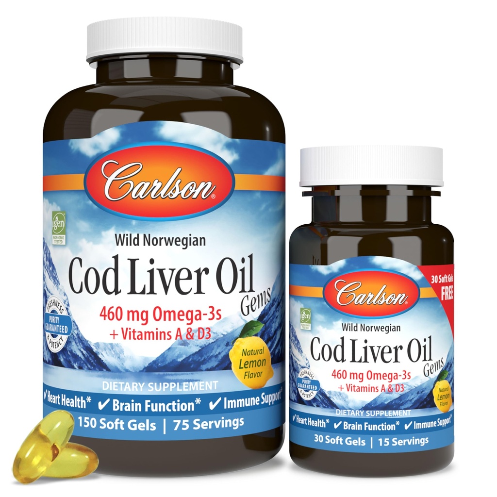 Carlson - Cod Jaterní olejové drahokamy, 460 mg Omega-3s, Plus Vitamíny A a D3, Wild Caught Nord Arctic Cod, Sustainable Sourced Nordic Fish Oil Capsules, Lemon, 150 + 30 Softgels