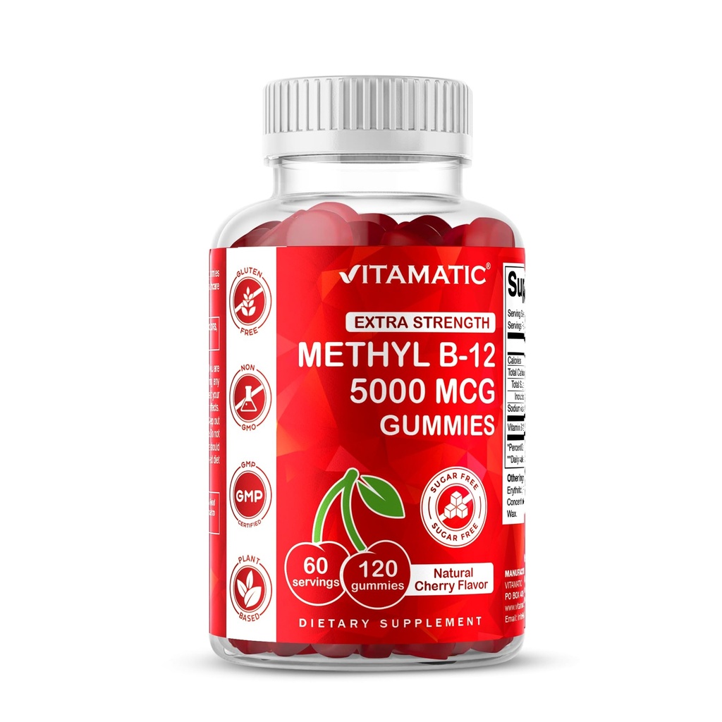 Vitamatic Extra Strength Vitamin B12 5000 mcg (methyl B12) Gummie - 120 Počet - Podpora metabolismu energie a nervový systém Podpora zdraví, Přírodní třešňové ochucené (1)