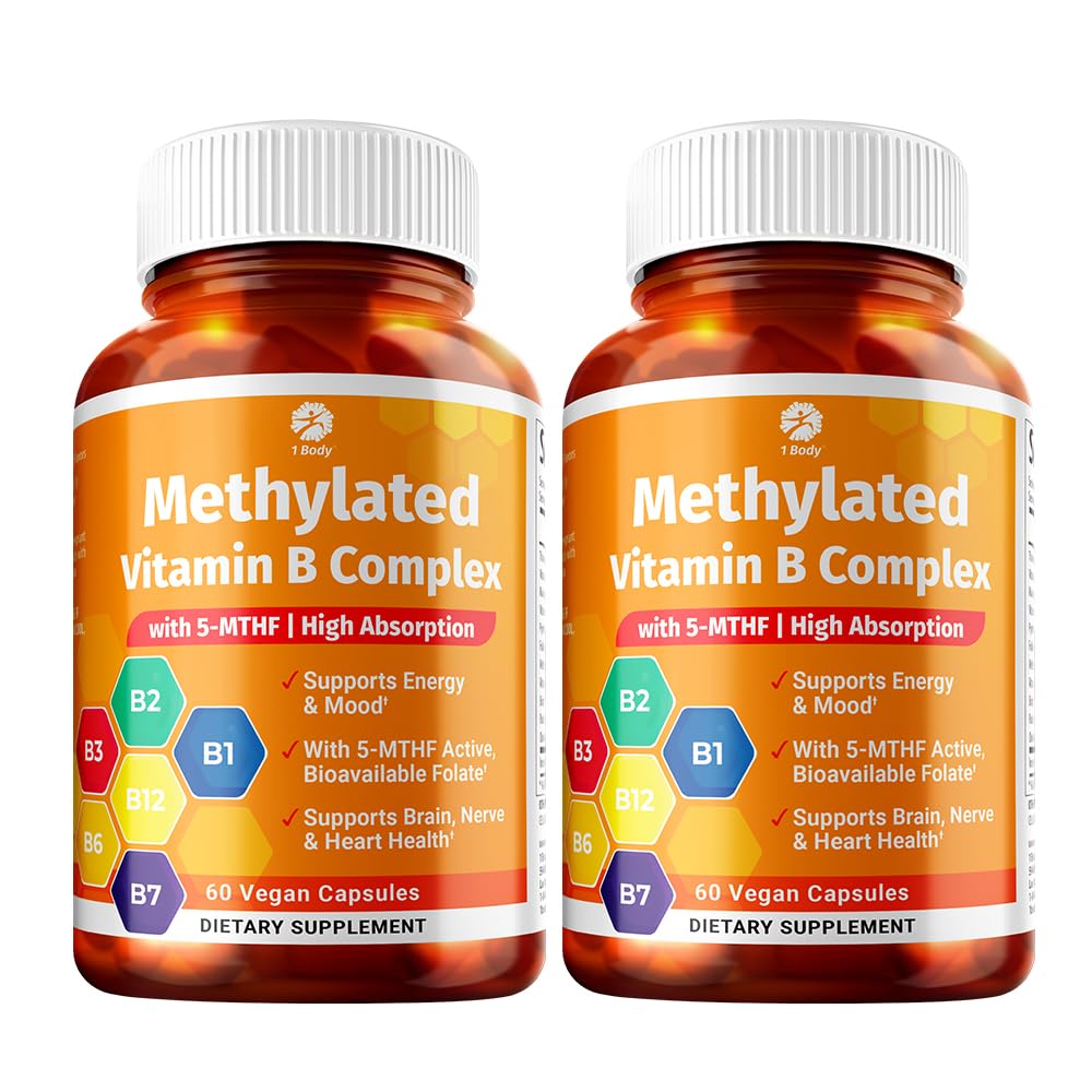 1 Body Vitamin B Complex Twin Pack - 5- MTHF Folát s B1, B2, B5, B6, Methyl B12, Niacin, Biotin - 60 Kapsle Každý