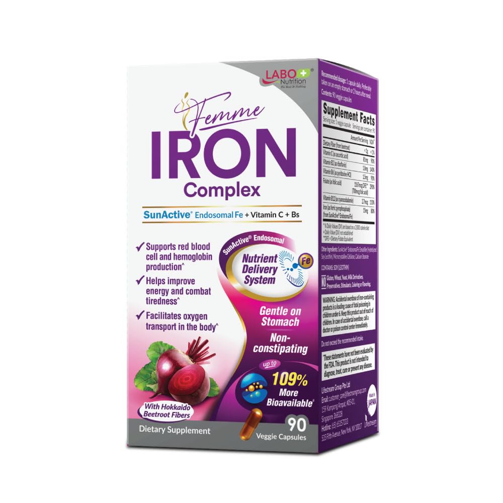 LABO Nutrition Femme Iron Endosomal Sunactive, Non- Irritating 15 mg doplněk železa pro krevním stavitelem, Vegan, Gentle, No Metalic Aftertache, Non Constipating, Ideální pro citlivé stomachy, 90 Počet