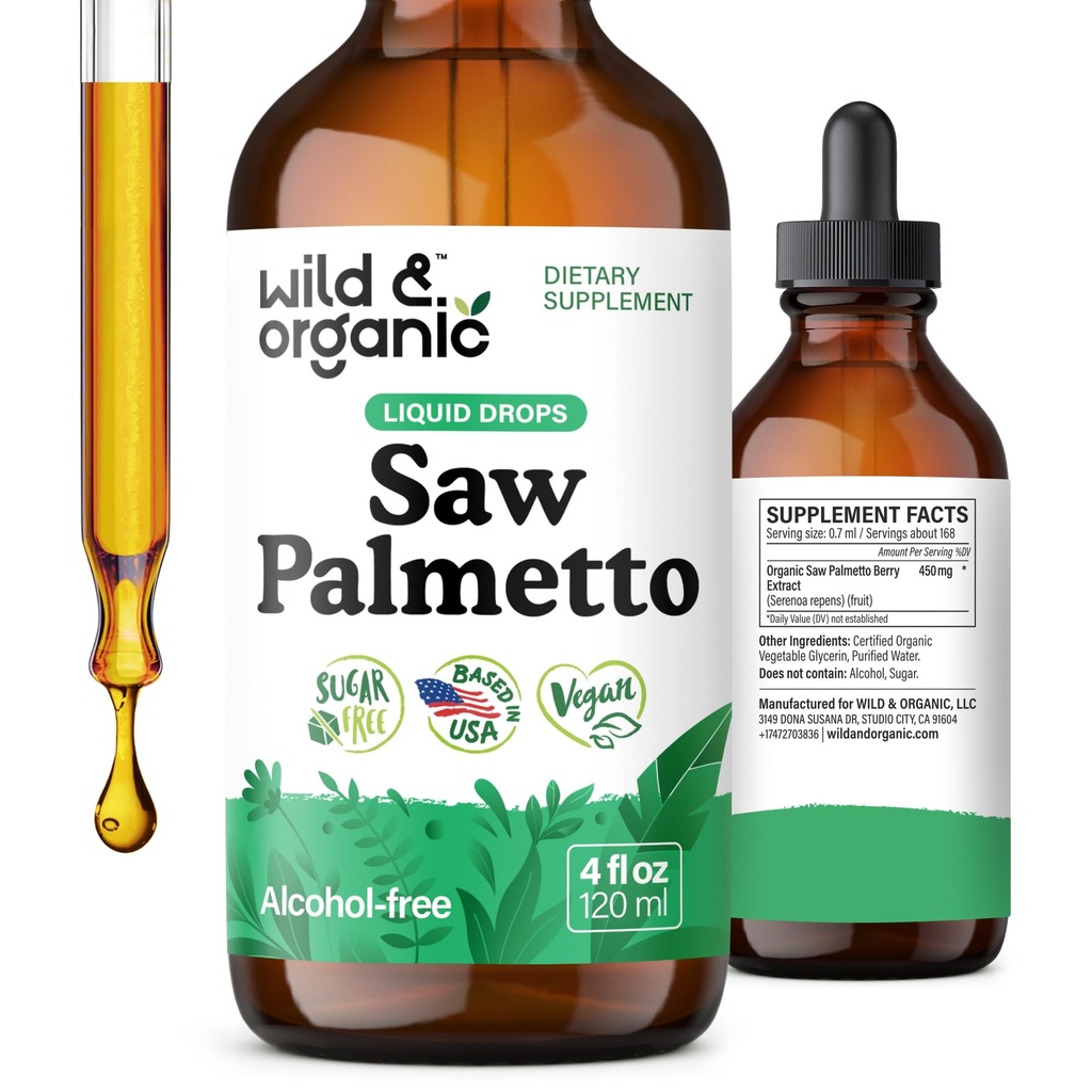 Wild & Organic Saw Palmetto tinktura - Saw Palmetto Extract Dodatek pro muže a ženy - Kapky na bázi tekutého prášku - Serenoa Repens Berries - Vegan, Cukr & Alkoholicko-Free - 4 fl oz