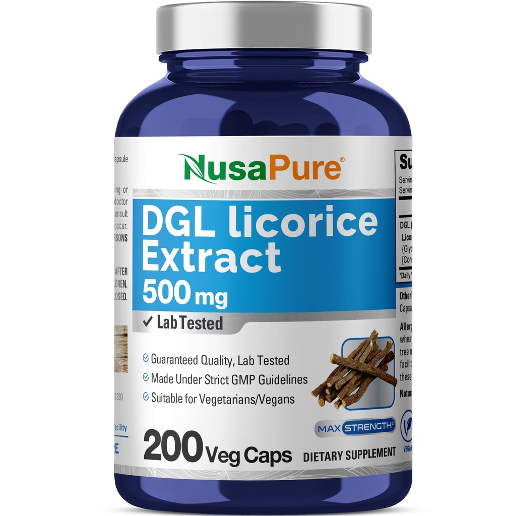 NusaPure DGL Licorice Extract 500 mg 200 Veggie Kapsle (Vegan, Non- GMO)