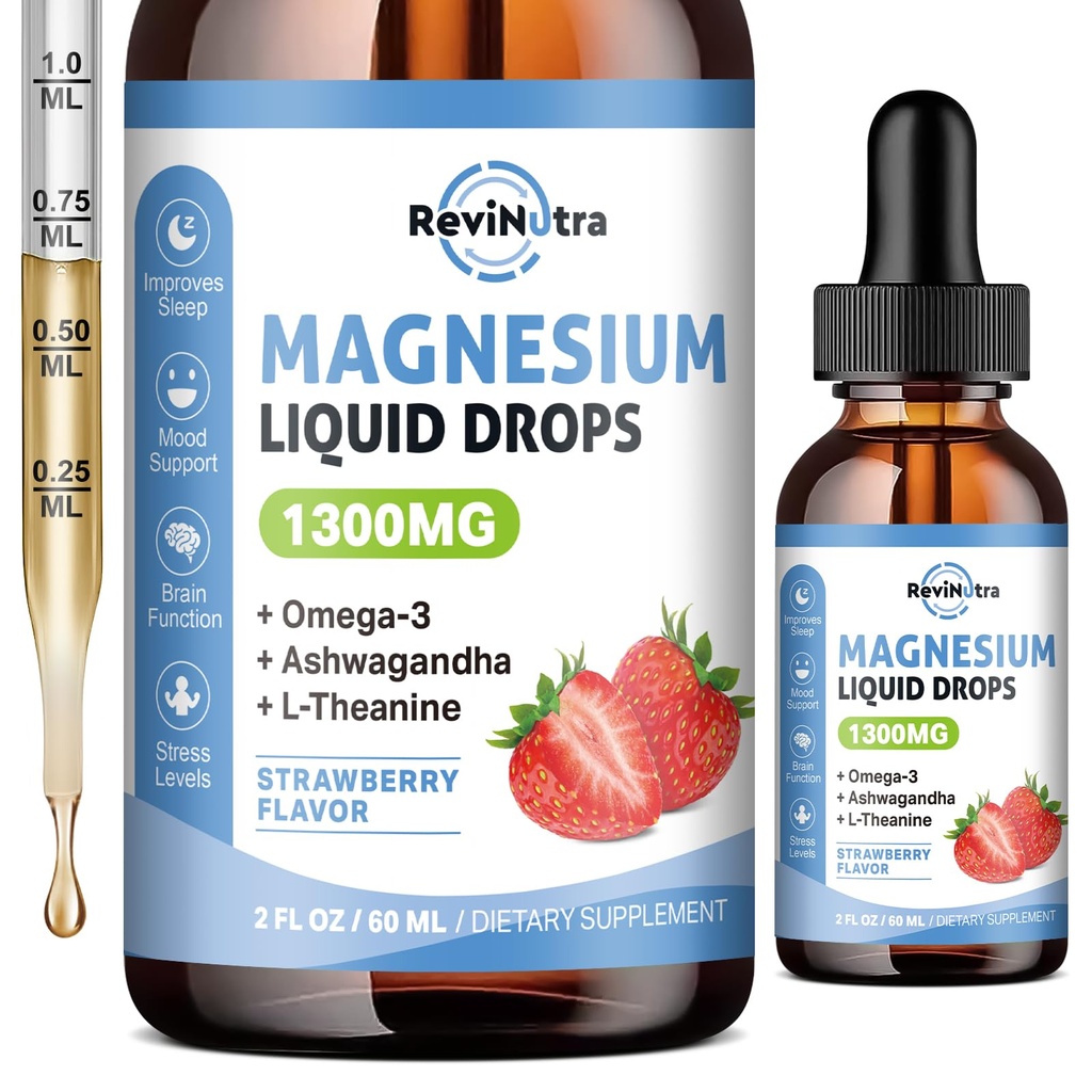 Triple Magnesium Complex Liquid Drops, 1300mg Magnesium Glycinát, Taurát & Citrát s Omega3, L- Theanine, Ashwagandha, Draslík, D3, B6, B12 pro klid, spánek, svalovina, jahodové aroma, 2 Fl OZ