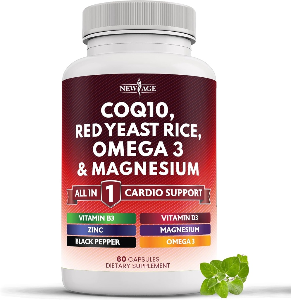 NEW AGE COQ10 200mg Red Yeast Rice, Omega 3, komplex hořčíku, zinek vitamin K2 D3 - Heart Health Support Vitamíny pro ženy a muže s vitamínem B3, Koenzym Q10- 60 Počet