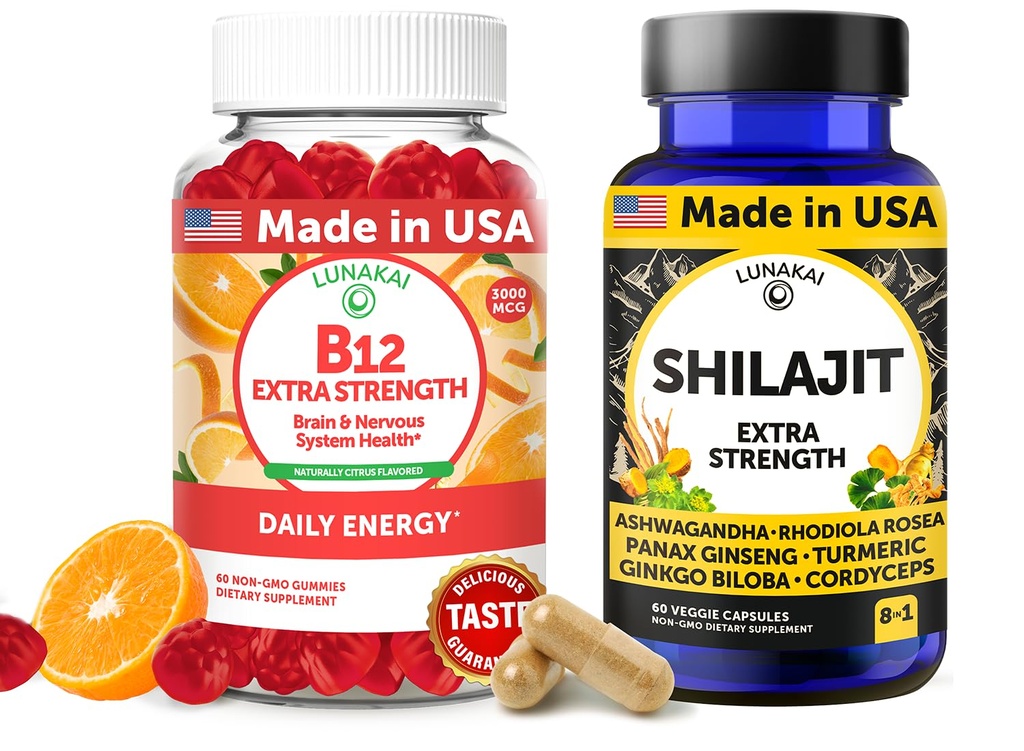 Lunakai USA Made B12 Gummies & Shilajit Kapsle Bundle - Extra síla Denní energie & Wellness Podpora