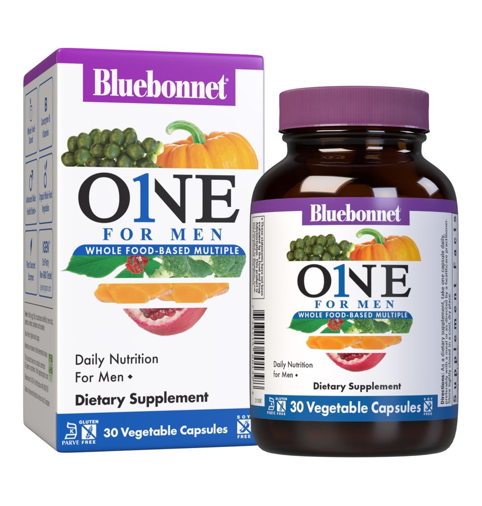 Bluebonnet Nutrition One for Men Whole Food- Based Multiple, Daily Nutrition *, Non- GMO, Vegetarian Friendly, Kosher, Gluten- Free, Soy- Free, Dairy- Free, Iron Free, 30 Zeleninové kapsle, 30 Služební cesty