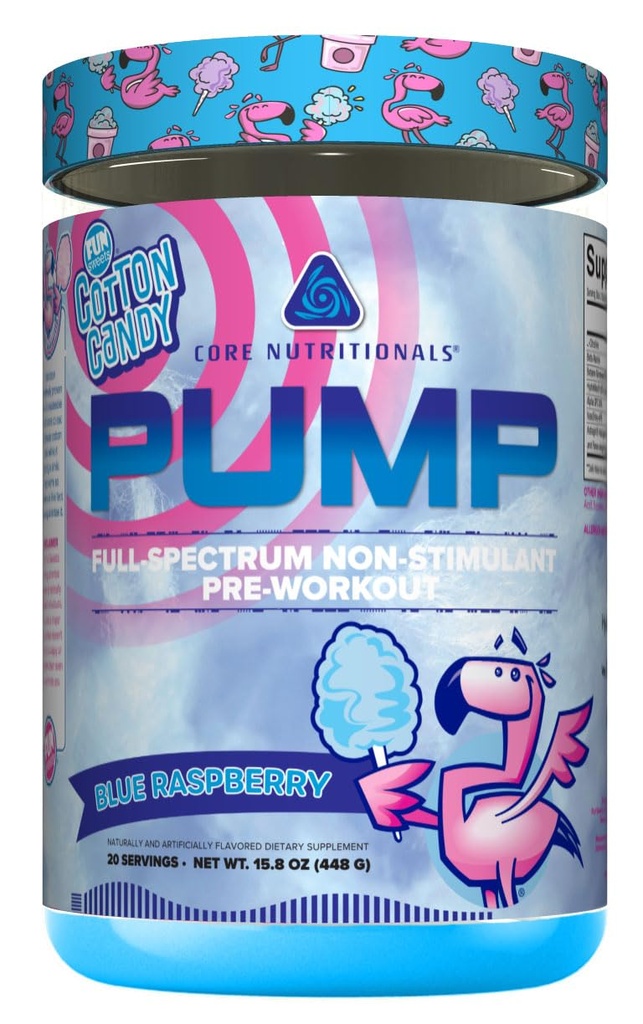 Core Nutritionals Pump Full- Spectrum Non- Stimulant Pre- Workout, s N03T Nitrát, Peak02, Alpha GPC, pro maximální čerpadlo, sílu a výkon 20 Služeb (Fun Sweets Cotton Candy ™ Blue Raspberry)