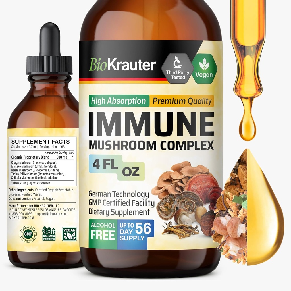 BIO KRAUTER Imunitní podpora Houbový dodatek - Lvice Mane, Shiitake, Turecko Tail, Reishi, Chaga & Maitake Liquid Extract - Houbový komplex Tinktura - Vegan Drops 4 Fl.Oz.