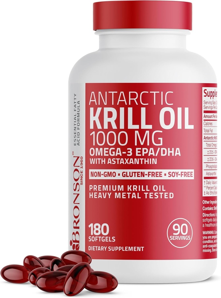 Bronson Antarktida Krill Oil 1000 mg s Omega-3s EPA, DHA, Astaxanthin a fosfolipidy 180 Softgels