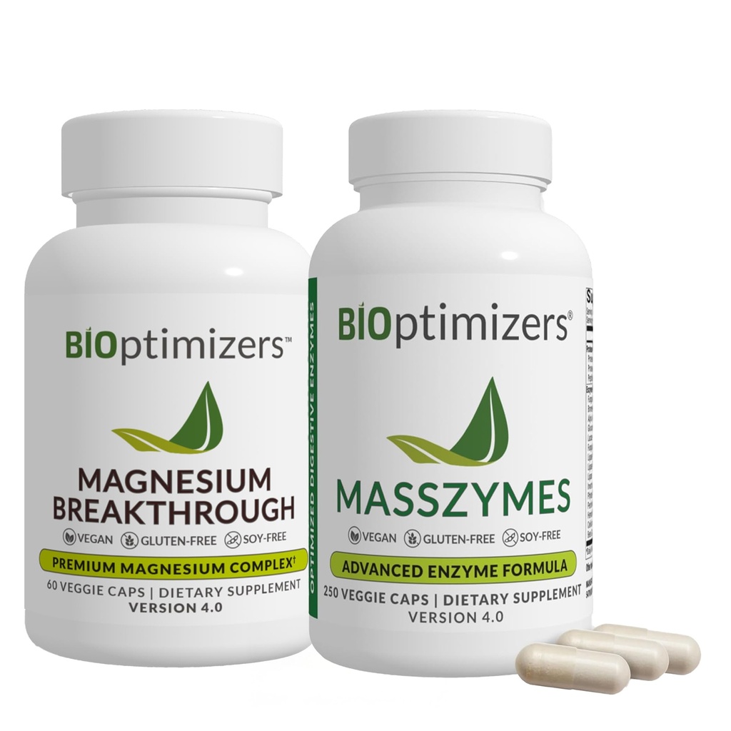 BiOptimalizátory Magnesium Breakthrough 4.0, (60 Kapsle) & MassZymes 4.0, (250 Kapsle) - Přírodní spánek, mozek, a Digestive Health Supplement Bundle