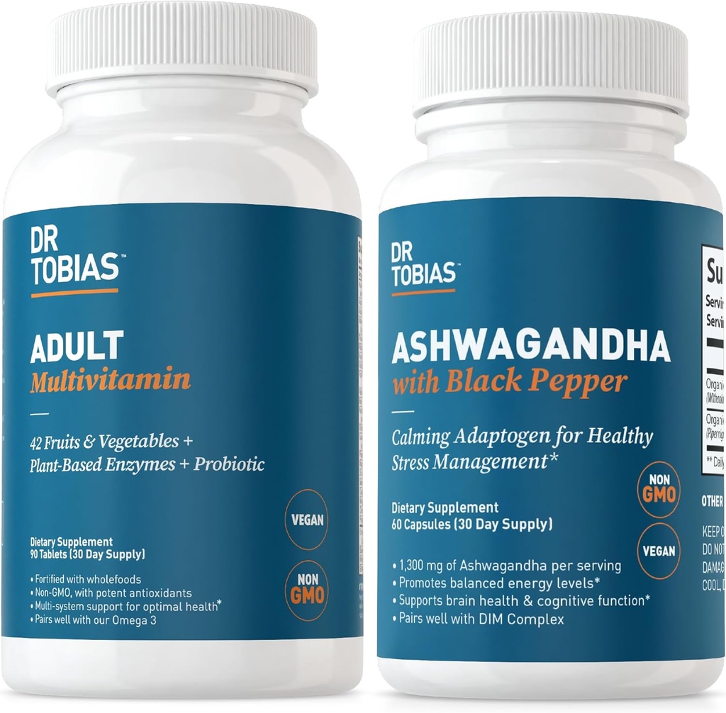 Dr. Tobias Adult Multivitamins a Ashwagandha Kapsle, Podpora Celková Wellness & Vyvážená energie & Odpočinek, Vegan, Non- GMO