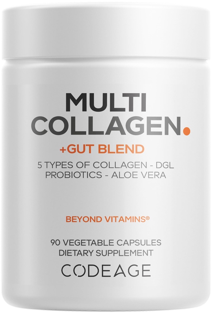 Codeage Multi Collagen + Gut Blend Supplement - Digestive Probiotics, DGL Licorice, Aloe Vera, Organic Peppermint Leaf, Slippery Elm - Hydrolyzované Bovine Collagen Pills - Non- GMO - 90 Kapsle