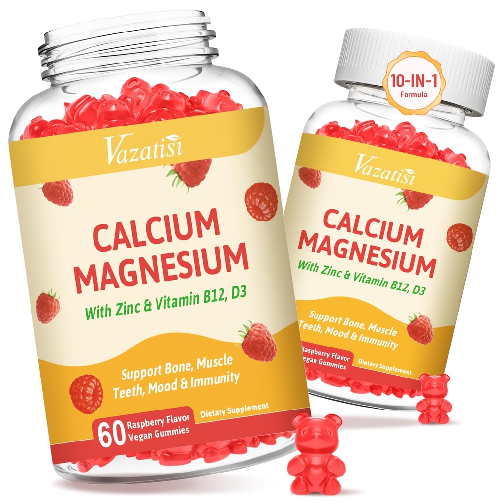 2 Pack Calcium Gummies with Magnesium, Zinc, Vitamin D3 & B12, Calcium Supplements for Women Men, Support Bone, Muscle and Immunity, 120 Vegan Raspberry Flavor Gummies