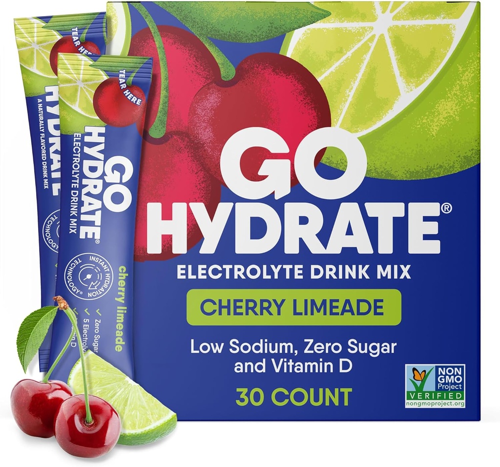 Gohydrate nízká sodná sůl Electrolytes Powder Packets Sugar Free - Instant Hydration Daily Drink Mix - Nulový cukr Voda Flavor Packlet Singles s vitaminem D - (Cherry Limeade, 30 Balení)