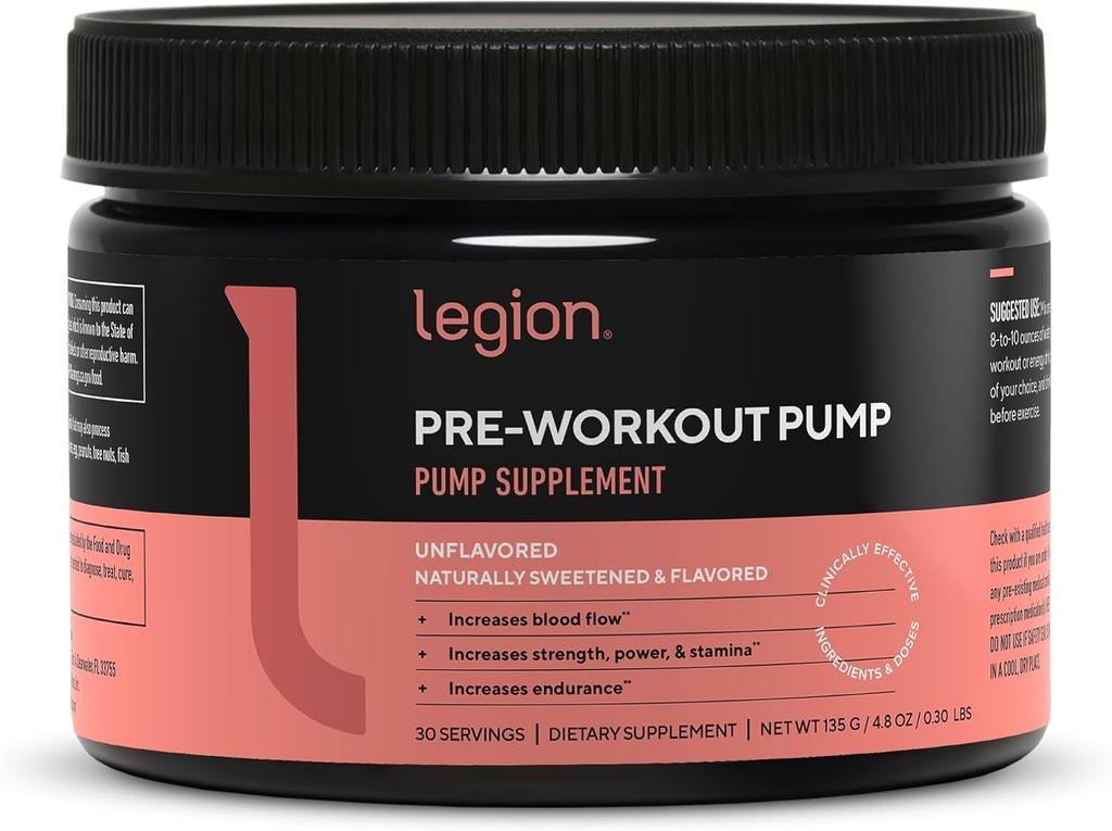 LEGION Pre Workout Pump - Arginin dodatek zvyšuje výrobu oxidu dusnatého - Nitric Oxide Booster pomáhá zvýšit sílu & Stamina, Promotes Enhanced Muscal Effectivity (Neochucené, 30 Služeb)