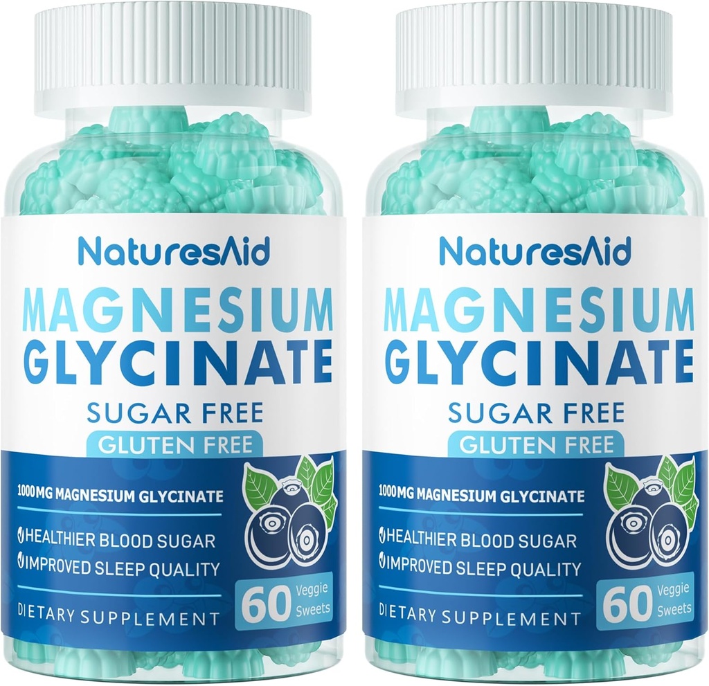 Glycinát hořečnatý Gummies 1000mg - Doplněk hořčíku bez cukru s vitaminem D, B6, CoQ10 pro klidnou náladu a podporu spánku - 120 Blueberry Gummies -2 Pack