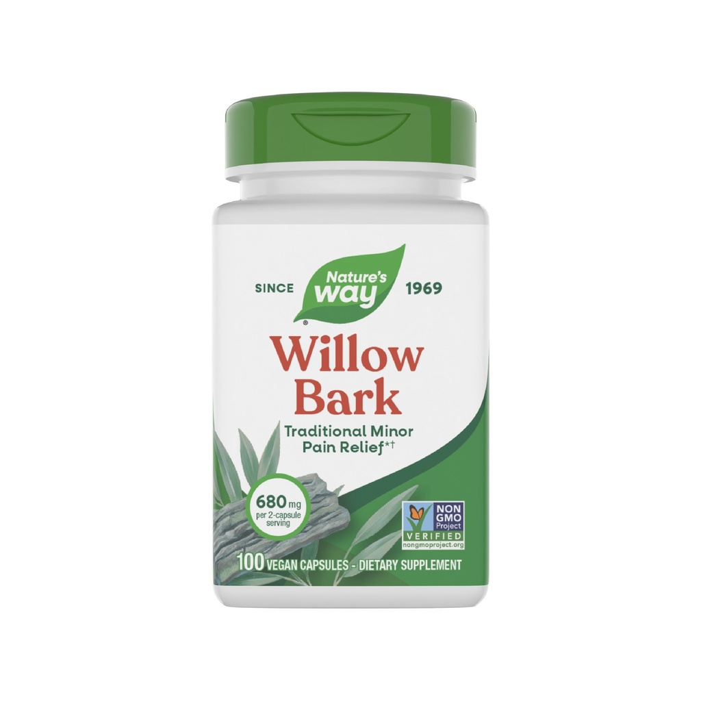 Nature 's Way Willow Bark, Traditional Relief of Discomfort Vzhledem k příležitostnému překročení *, non-GMO projekt ověřený, 680 mg na servírování, 100 Veganské kapsle
