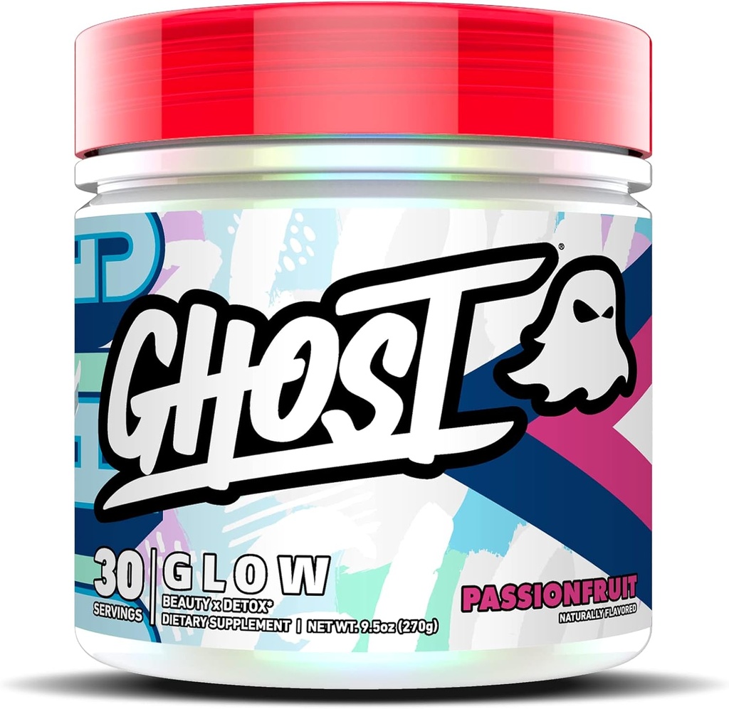 GHOST Glow: Beauty and Detox Support Formule - 30 Služební, Passionfruit - Kožní zvýšení Biotin a L- Theanin pro antioxidanty pro hydrataci, Radiance, Complexion & Nourdition - Vegan, gluten- zdarma