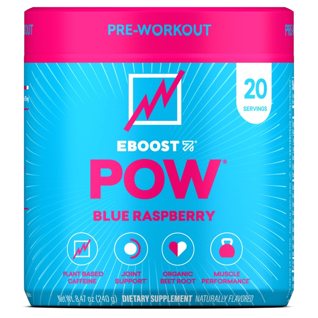 EBOOST POW Natural Pre Workout Powder - 20 Servings - Blue Raspberry - A PreWorkout Dodatek pro výkon, Společná podpora mobility, Energie - Muži a ženy - Non- GMO, gluten- Free, No Creatine