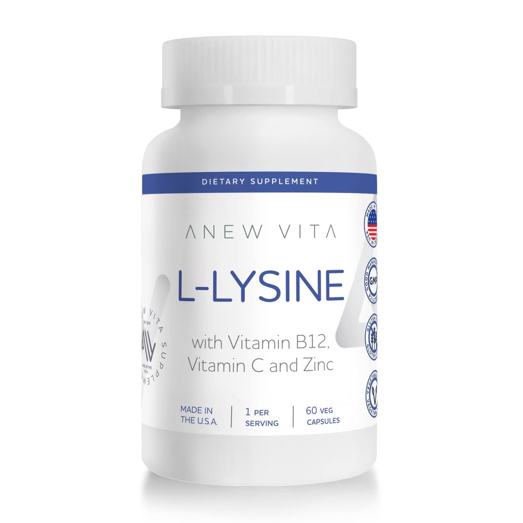 L- Lysinový dodatek s vitaminem B12 + C + zinek pro rty, ústa a orální tkáně zdraví - Enhanced Wellness Support - Non- GMO, gluten- Free - Made in USA - 60 Zeleninové kapsle, 500 mg