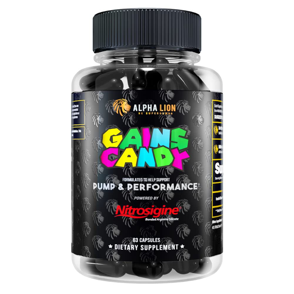 ALPHA LION Gains Candy, Doplněk pilulky pro svalovou pumpu a krevní tok, Oxidový booster nitric, Podporuje duševní soustředění, Použití denní upgrade cvičení výkon, 63 Kapsle (Nitrosigine)