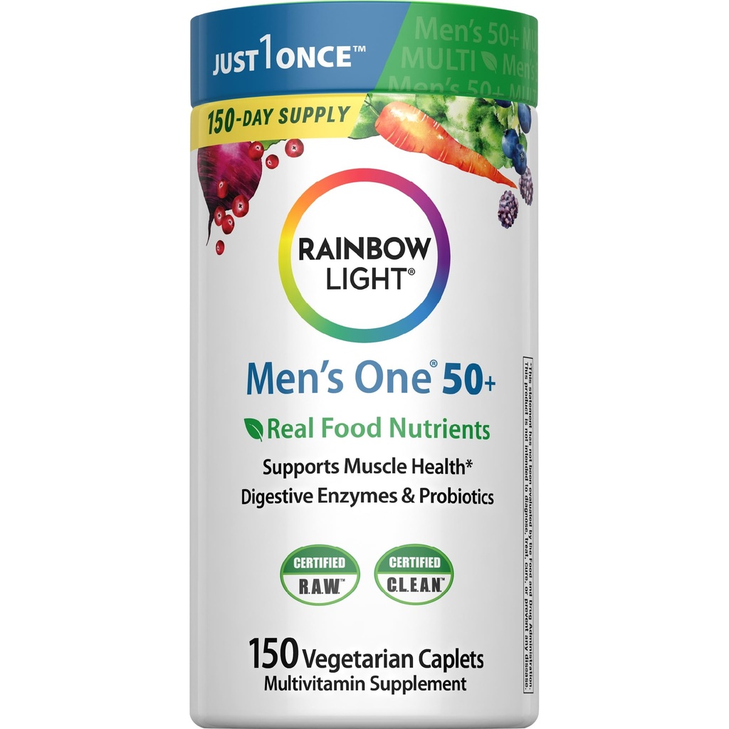 Rainbow Light Multivitamin pro muže 50 +, Vitamin C, D & Zinek, Probiotika, Mužský jeden 50 + Multivitamin poskytuje vysoce potenční imunitní podporu, Non- GMO, Vegetariánské, 150 Tablety