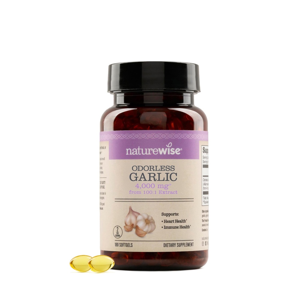 NatureWise Odorless Česnek dodatek 4000mg - Ultra potent 100: 1 Extrakt - Zdravý Cholesterol Formule, Podpora zdraví srdce - Non- GMO, Gluten zdarma, s Halal Gelatin - 180 Počet [90- Day Supply]