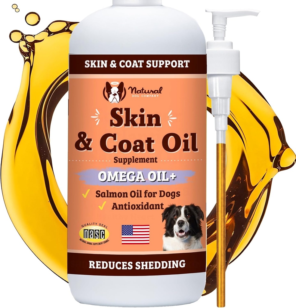 Natural Dog Company Skin & Coat Oil (16 oz.), Podporuje zdraví pleti, Rybí olej doplňky pro psy, měkký kabát, Rybí olej & Flaxseed Oil, mastné kyseliny, Láhev psa rybího oleje s čerpadlem, Antioxidant