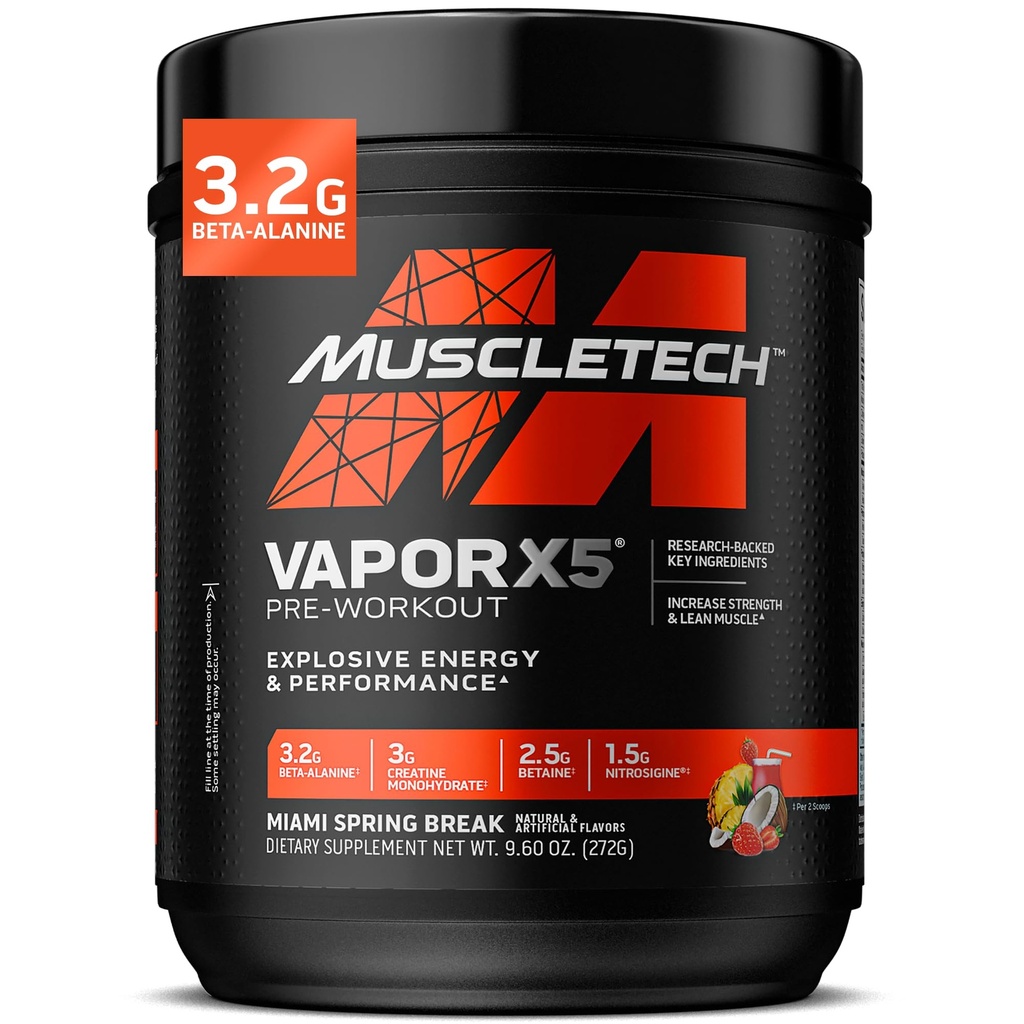 MuscleTech Pre- Workout Powder, Vapor X5 - Sportovní výživa Muscle Building doplňky pro ženy a muže - Intenzivní Muscle Pump Energy Powder Drink Mix - Miami jarní přestávky, 272g (30 Služeb)