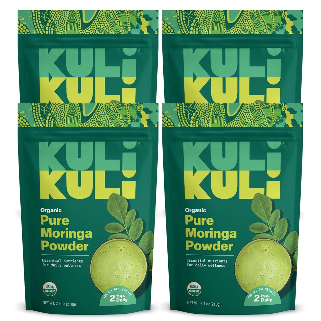 Kuli Kuli Moringa Oleifera Organic Leaf Powder & Green Smoothie, 100% čistý USDA Certified & Non-GMO Moringa Powder, Great with Smoothies, Tea, and Food, 4 Pack