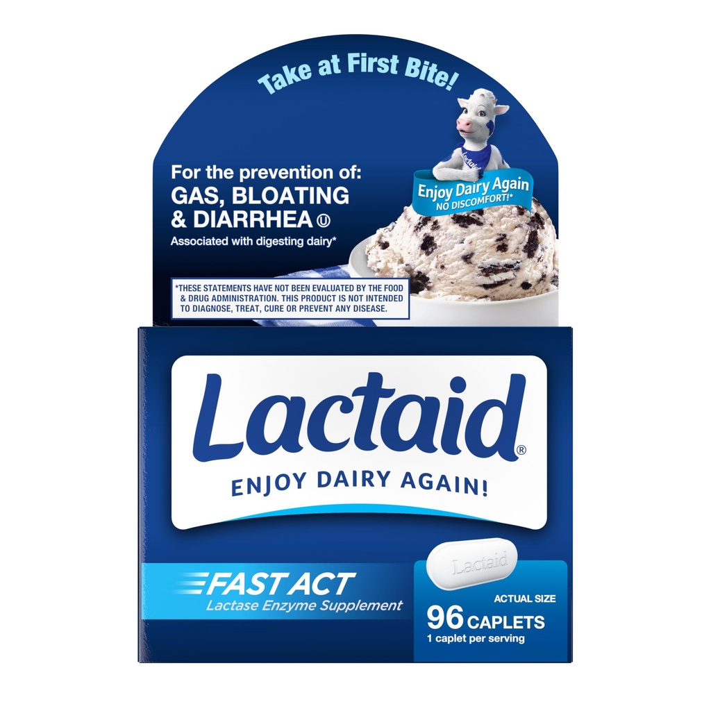 Lactaid Fast Act Intolerance Lactosa Caplet with Lactase Enzyme, Dairy Relief from Gas, Floating & Diarhea, 9000 FCC Lactosa Intolerance Pills, 96 Individual Travel On- The- - Back (96 x 1 ct)