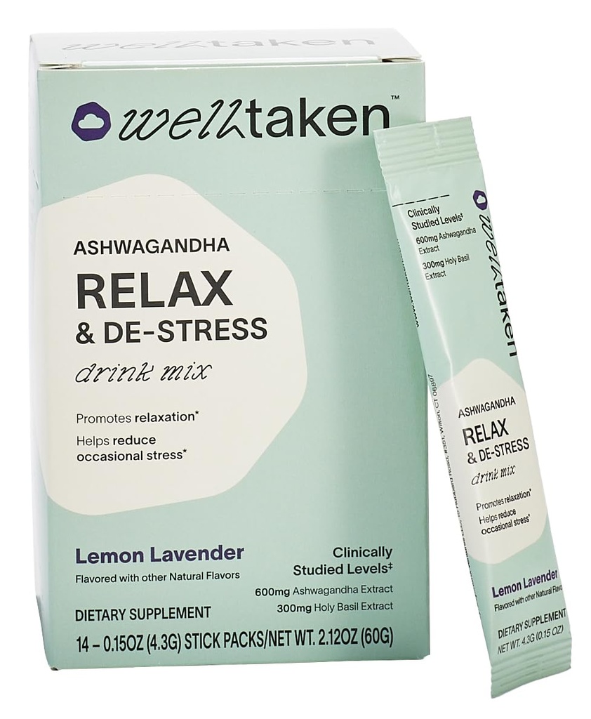 Ashwagandha Relax & De-Stress Powder - Lemon Lavender 14ct Box - 600mg Ashwagandha, 200mg L-Theanine, Holy Basil - Podporuje Stress, Relaxation - Vegan, No Add Sugar - 14 Služeb