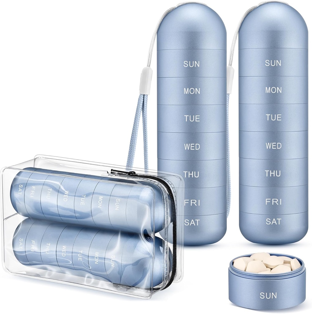 [2 Pack] Zannaki Metal Travel Pill Organizer, Přenosný vodotěsný týdenní Pill Box, Velký hliníkový Alloy Pill Pouzdro Kontejner, BPA zdarma 7 den denní medicína Organizátor Holder pro vitamín, dodatek