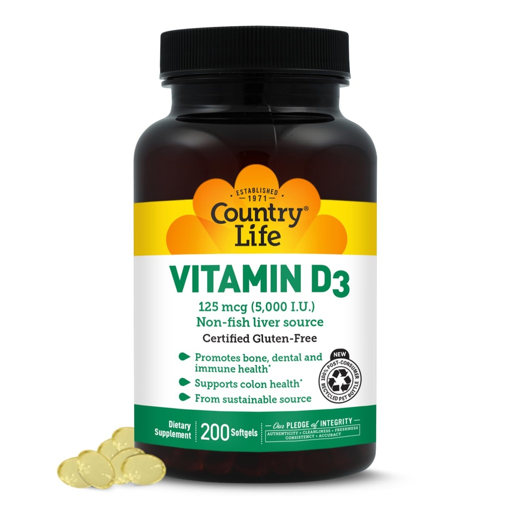Country Life Vitamin D3 5000 IU pro imunitní a kostní zdraví, absorpci vápníku a Colon Health - Udržitelný zdroj z lanolinu, k dispozici v různých sítích