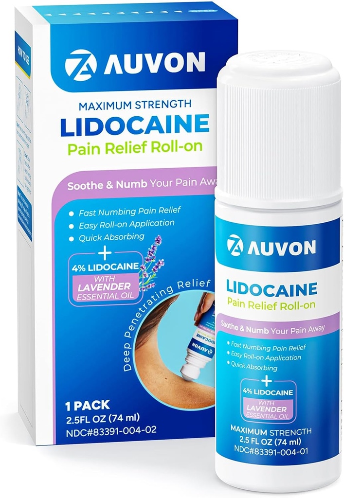 AUVON Lidokain Roll- On with Essential Oil, No Mess Applicator, Max Strength Lidocain, Quick Absorbing to Numb & Soothe Pain Relief for Knees, Shoulders, FSA / HSA Referred, Lavender, 2.5 OZ, 1 Pack