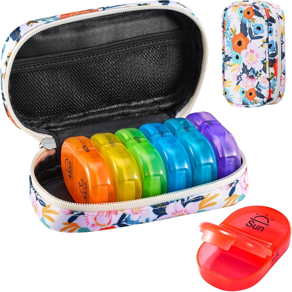 Serfeymi Týdenní Travel Pill Organizátor 2 Times A Day PM Upgraded Rainbow Pill Box 7 Day with Portable Zipper Canvas Pill Case, Medicína Organizátor pro pilulky, Vitamíny, Rybí oleje - Bloom 01