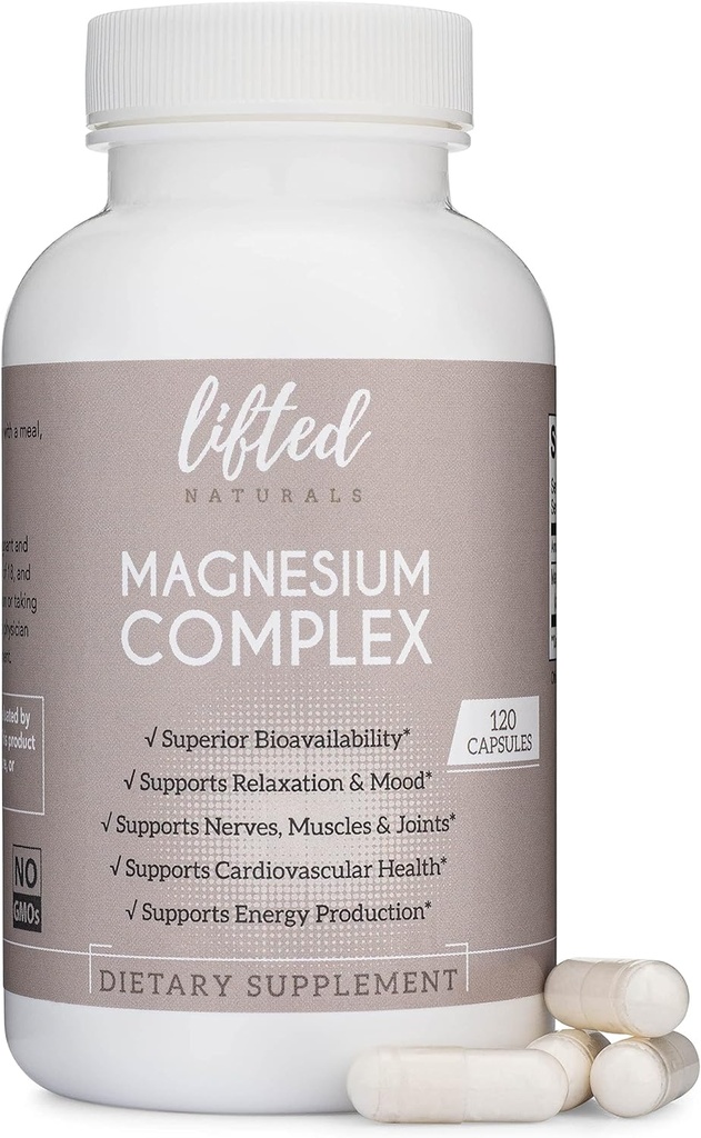 Hořčík Komplex - Zdvižené Naturals Magnesium Supplement w / Bisglycinát, Malate, Taurát - 120 Kapsle - Biologicky dostupný hořčík Formule pro nálady, spánek, podpora energie *
