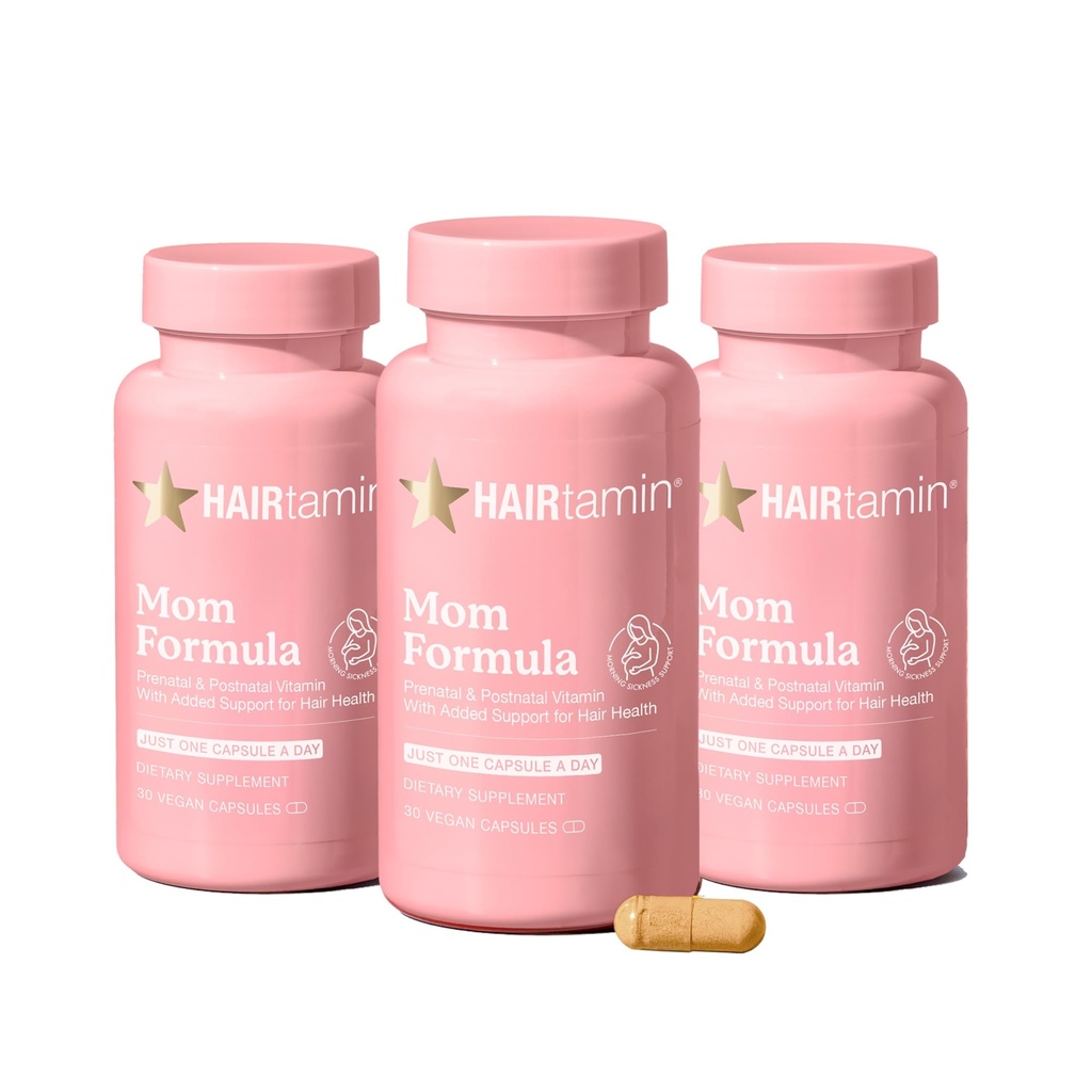 HAIRtamin MOM Vegan Prenatal & Postnatální Multivitamin Kapsle & Vlasové vitamíny, Poporodní, Kojení, Vlasové hřebíky, a kožní vitamíny pro ženy s biotin, zinek, železo (3- balení)