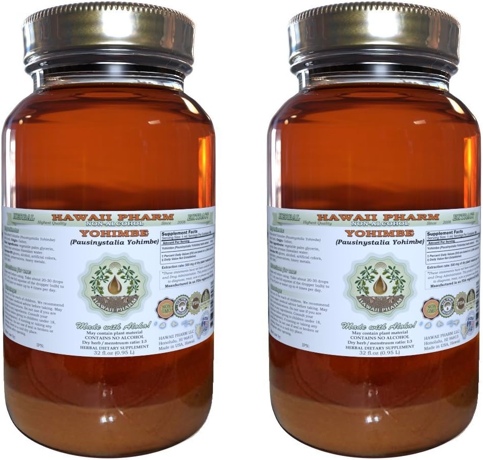 Yohimbe Alcohol- Free Liquid Extract, Yohimbe Liquid (Pausinystalia Yohimbe) Sušený Bark Glycerite přírodní bylinný dodatek, Hawaii Pharm, USA 2x32 fl.oz